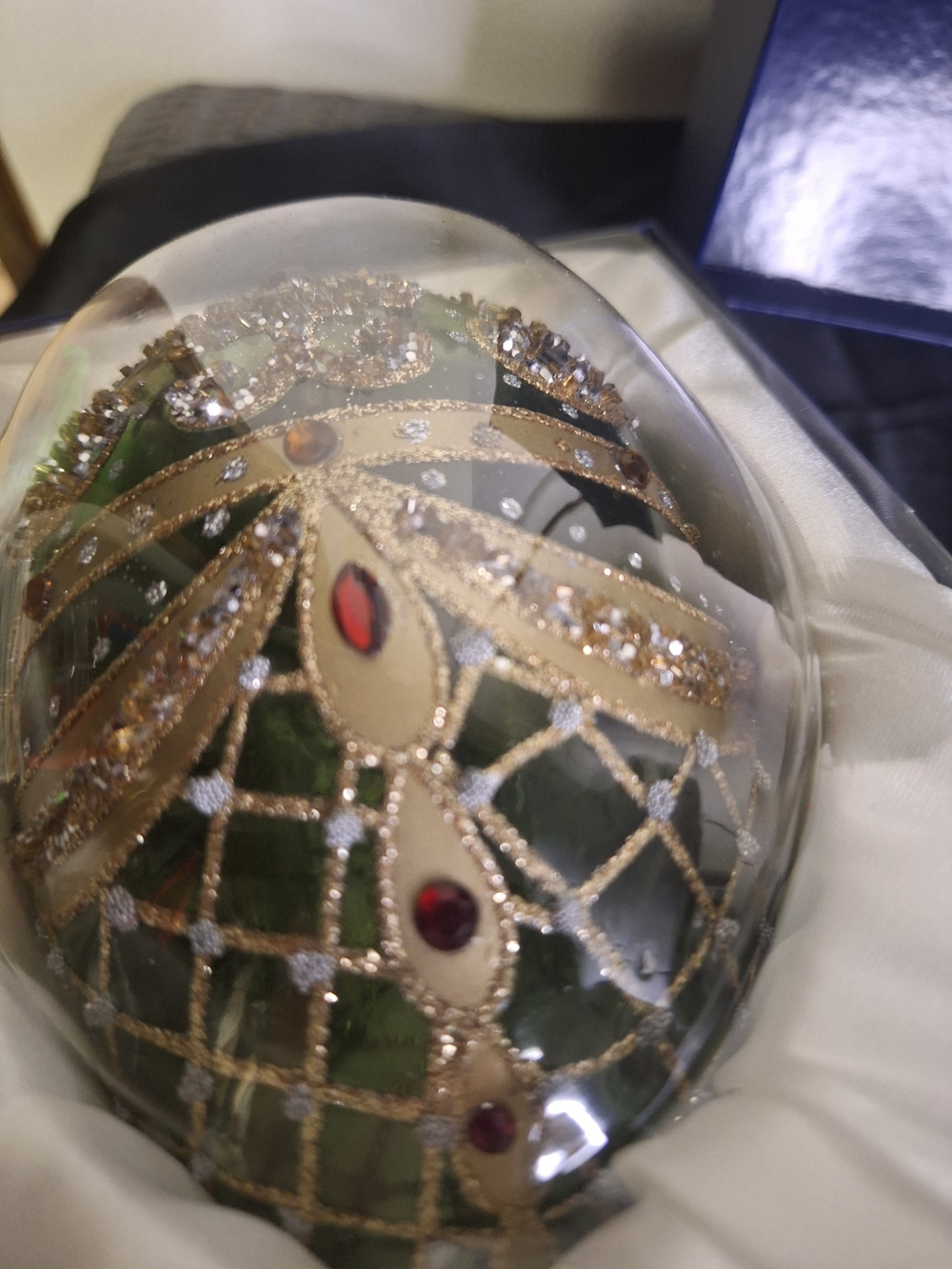Large Hand-Painted Dk Green and Gold Decorative Egg Ornament 6.5" X 5" - Picture 2 of 6